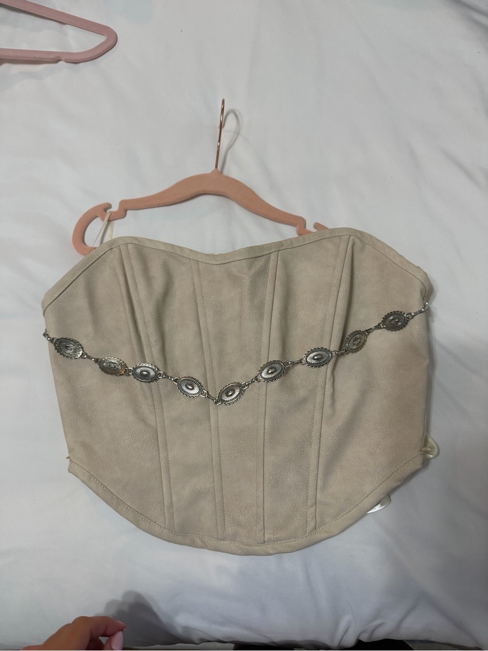 Beige Strapless Corset Top with Silver Embellished Chain